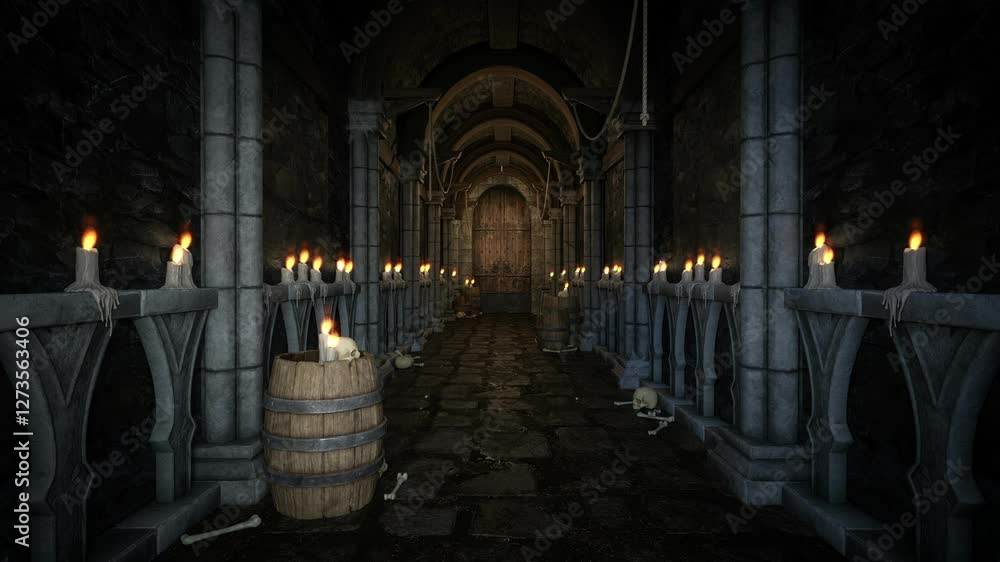 Aufkleber 3d animation of a medieval dungeon corridor lined by flickering candle flames.