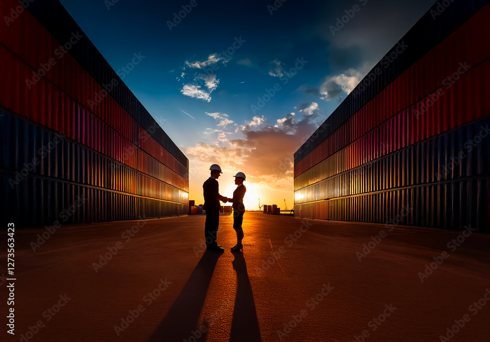 Aufkleber shenzhen, china - unknown date : silhouetted figures clasp hands between towering shipping container