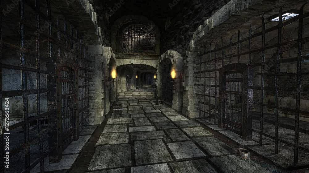 Fototapete dark corridor in a medieval dungeon with prison cells lit by burning torch flames on the walls. 3d a