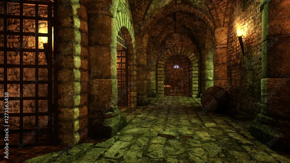 Poster 3d animation of an ancient fantasy medieval dungeon with burning torches on the walls.