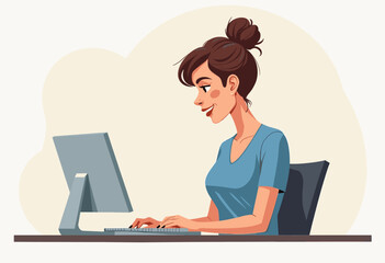 A woman is working on a computer, typing and using the keyboard, with a focused expression on her face. Flat vector illustration