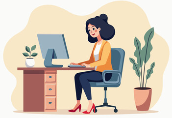 A woman is working at her desk, typing on a computer and smiling, with a potted plant and a vase nearby. Flat vector illustration