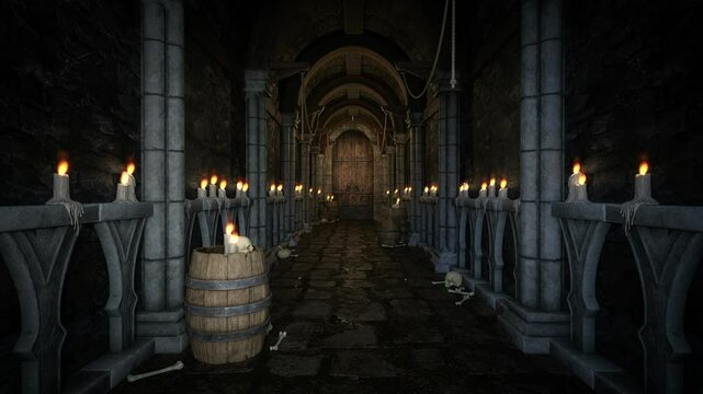 3D animation of a medieval dungeon corridor lined by flickering candle flames.