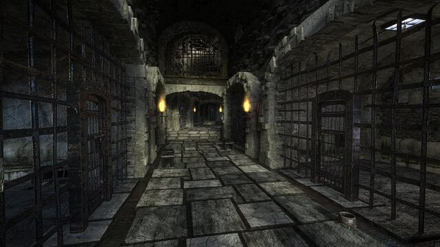 Dark corridor in a medieval dungeon with prison cells lit by burning torch flames on the walls. 3D animation.