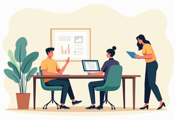 Three people are working in an office setting, with one person presenting information on a laptop, another person taking notes, and a third person observing the presentation. Flat vector illustration