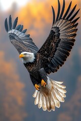 Obraz premium Majestic Bald Eagle Soaring Through Sunset Sky