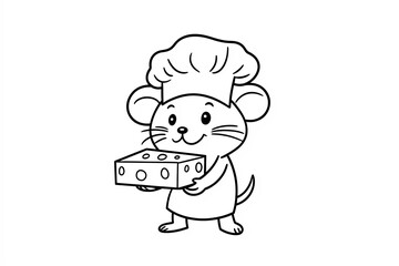 Obraz premium Mouse carrying a block of cheese, wearing a chef’s hat. Cute Cartoon Character Design and Computer Game. Coloring Book Outline Set.