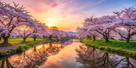 Fototapeta premium Serene Sakura Garden at Dawn , landscape, nature, landscape, nature, botanical, idyllic, garden, outdoors, natural light