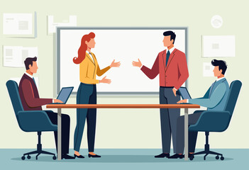 The image depicts a group of four people engaged in a business meeting, with two men and two women standing around a conference table, actively discussing and collaborating. Flat vector illustration