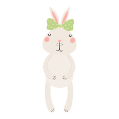 Cute Easter bunny, little rabbit with a bow character illustration. Hand drawn flat style design, isolated vector. Holiday clip art, kids print element, seasonal card, banner, poster