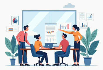 Fototapeta premium A group of people are working together in an office setting, with one person presenting a graph on a projector screen. Flat vector illustration