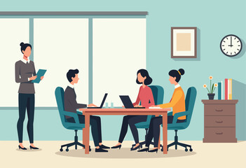 A group of people are working together in an office setting, with one person presenting information to the others. Flat vector illustration