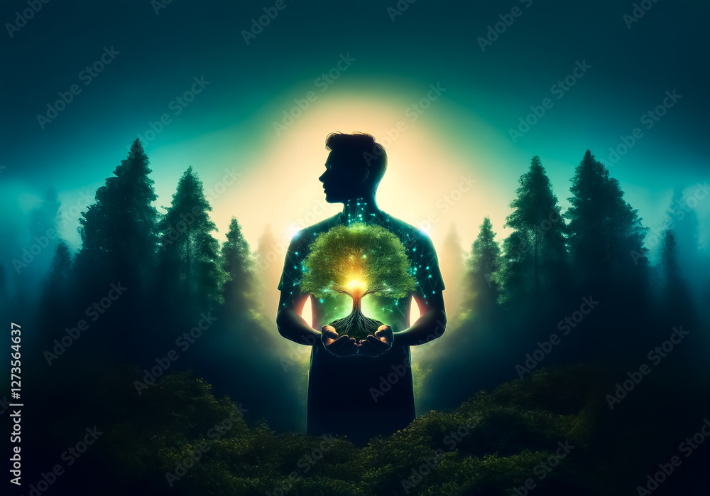 Poster shenzhen, china - unknown date : a silhouette of a person holds a glowing tree in hands amidst a dar