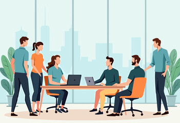 A group of people are working together in an office setting, with some sitting at a table and others standing around it. Flat vector illustration