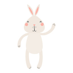 Cute Easter bunny, little rabbit waving character illustration. Hand drawn flat style design, isolated vector. Holiday clip art, kids print element, seasonal card, banner, poster