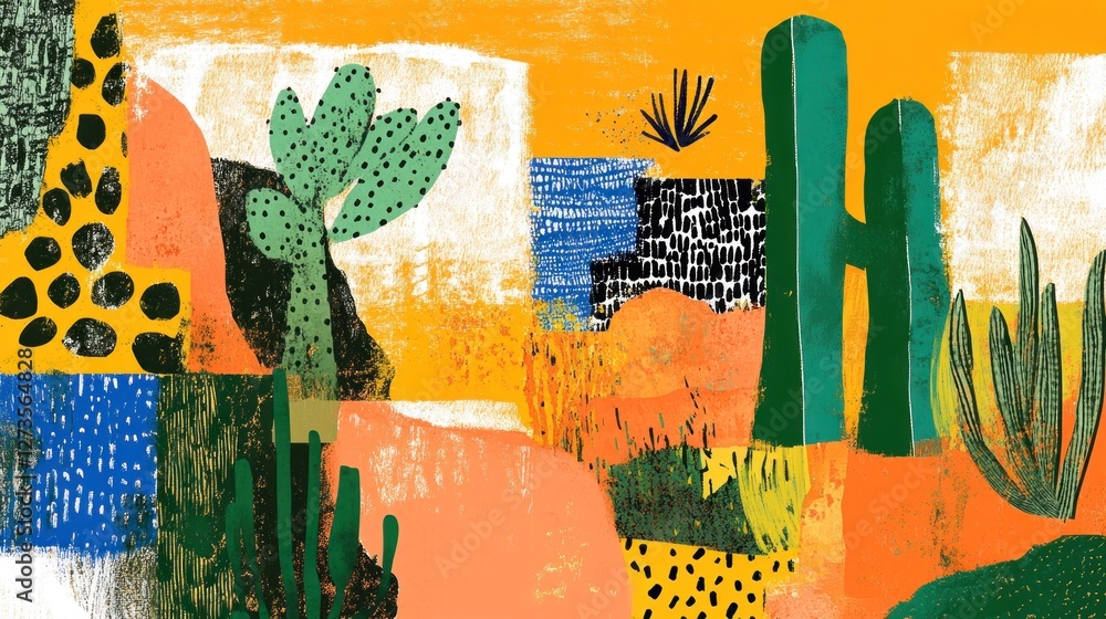 Poster abstract desert landscape with cacti and patterned shapes