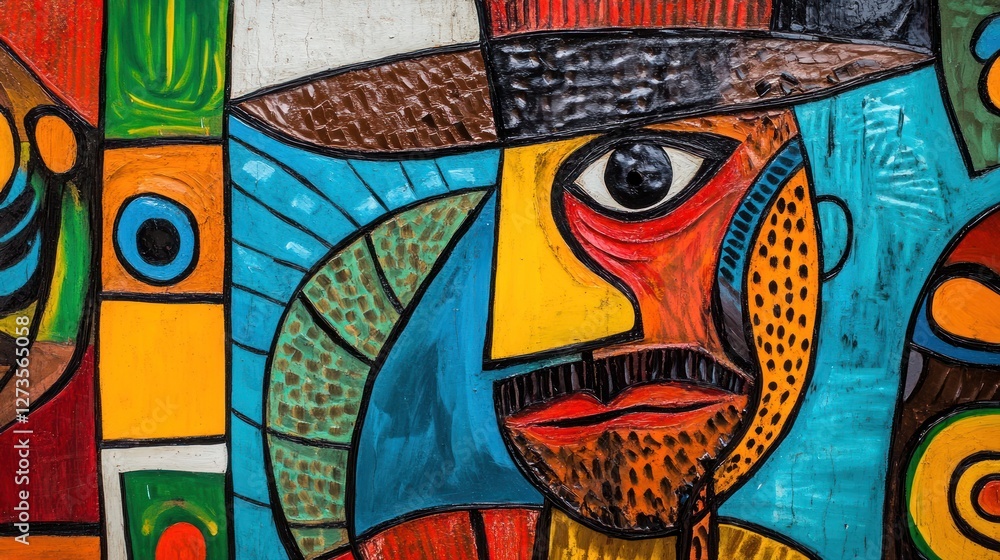 Poster colorful abstract portrait with a hat in cubist style