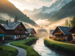 Fototapeta premium village in the mountains at sunset