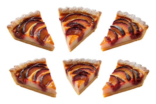 Six slices of peach and plum tart arranged in hexagonal pattern with thin layer powdered sugar on top Edible dessert, sweet treat, baked pastry