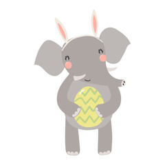 Cute elephant with bunny ears, holding Easter egg character illustration. Hand drawn flat style design, isolated vector. Holiday clip art, kids print element, seasonal card, banner, poster