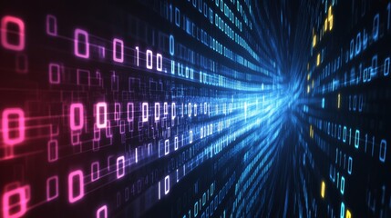 Obraz premium Abstract background with binary code and data flow in blue, pink, and yellow colors on a dark blue background. 