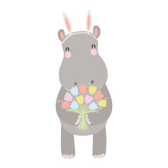 Cute hippo with Easter bunny ears, holding tulip flowers character illustration. Hand drawn flat style design, isolated vector. Holiday clip art, kids print element, seasonal card, banner, poster