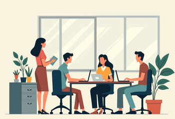 In the image, a group of four people are working together in an office setting, with two of them using laptops and the other two engaged in conversation. Flat vector illustration