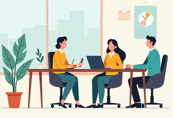 Three people are working together in an office setting, with two seated at a table and one standing, using laptops and other office equipment. Flat vector illustration