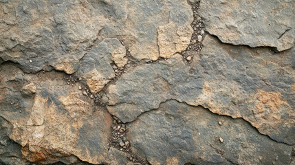 A close-up of a large stone with visible cracks and rough textures, covered in a light layer of dust and small pebbles