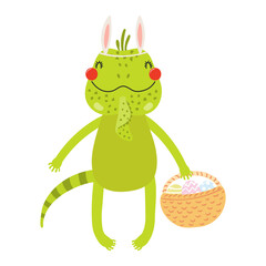 Cute iguana with bunny ears, holding Easter eggs in basket character illustration. Hand drawn flat style design, isolated vector. Holiday clip art, kids print element, seasonal card, banner, poster