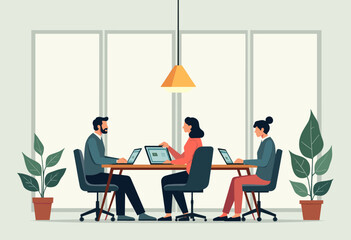 Three people are working on their laptops in a meeting room with large windows and potted plants. Flat vector illustration
