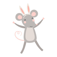 Cute mouse with Easter bunny ears character illustration. Hand drawn flat style design, isolated vector. Holiday clip art, kids print element, seasonal card, banner, poster