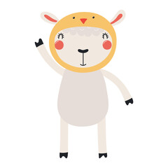 Cute sheep in chick hat Easter character illustration. Hand drawn flat style design, isolated vector. Holiday clip art, kids print element, seasonal card, banner, poster