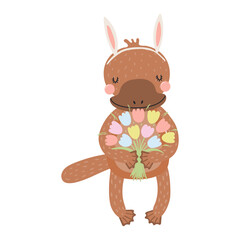 Cute platypus with Easter bunny ears, holding tulip flowers character illustration. Hand drawn flat style design, isolated vector. Holiday clip art, kids print element, seasonal card, banner, poster