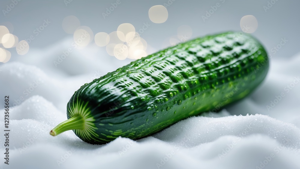 Poster fresh cucumber resting on soft snow with sparkling background in winter season