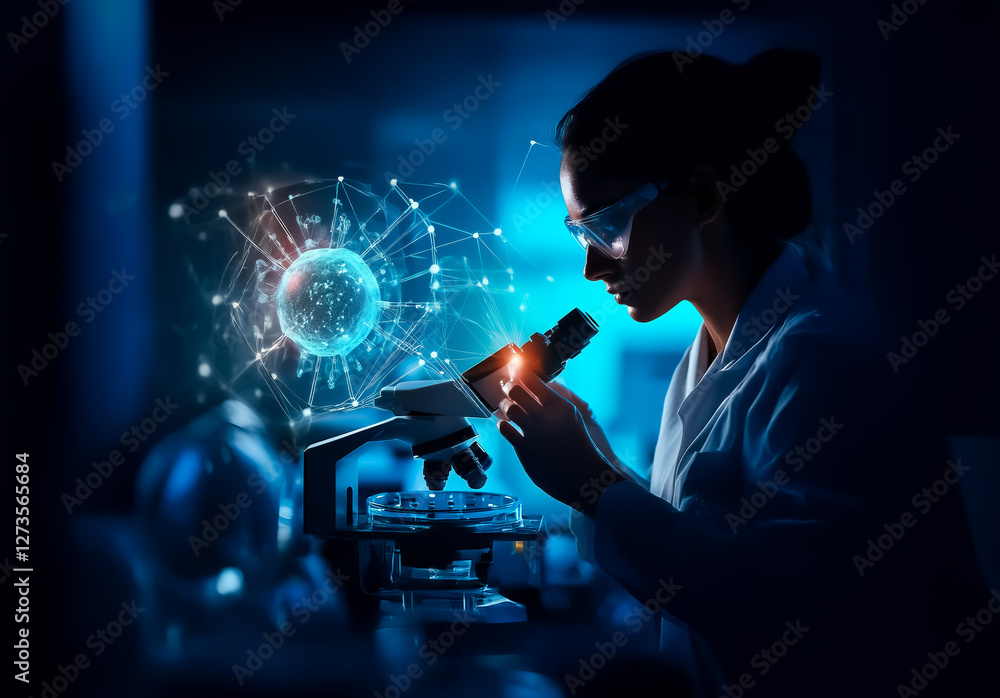 Poster shenzhen, china - unknown date : woman in a lab coat uses a microscope in a dark laboratory setting.
