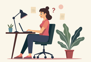 A woman is working on her laptop at a desk, surrounded by a potted plant and a lamp, with a question mark above her head. Flat vector illustration