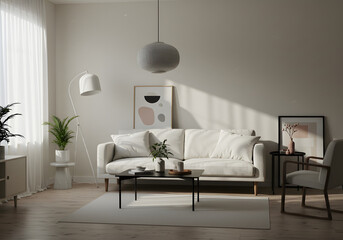 Apartment Living Room with City View, Generative AI image, Modern Living Room with Large Window and Skyline, Generative AI image