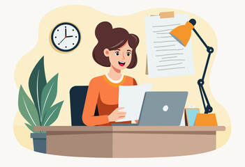 A woman in an orange shirt is working at a desk, focused on a laptop and surrounded by office supplies, with a plant and clock nearby. Flat vector illustration