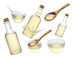 Collage of various glass bottles, bowls, and wooden spoons filled with oil or vinegar