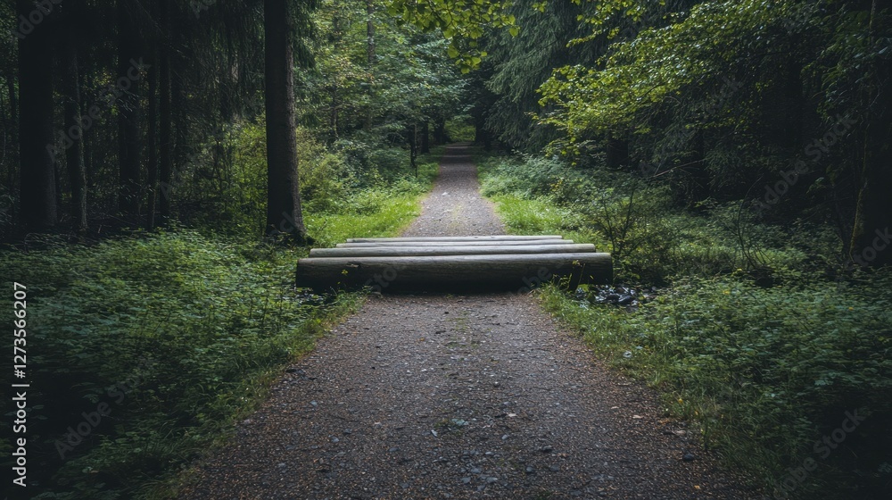 Poster a path leads into a forest with logs across it