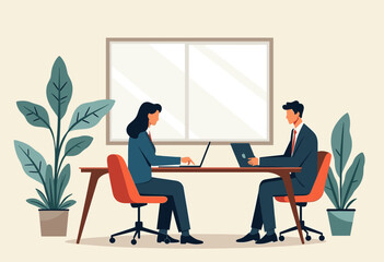 Two people, a man and a woman, are sitting at a table in a business setting, working on their laptops. Flat vector illustration