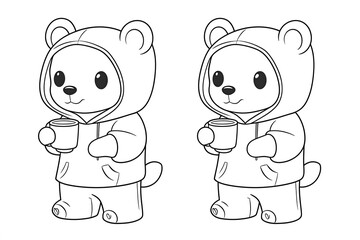 Obraz premium Bear cub in a hoodie holding a mug of hot cocoa. Cute Cartoon Character Design and Computer Game. Coloring Book Outline Set.