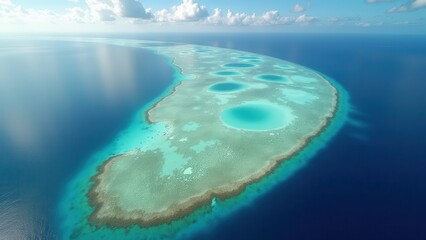 Obraz premium Aerial view of coral reef and turquoise ocean lagoon surrounded by deep blue sea 
