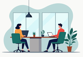 Two people are working on their laptops in an office setting, with a plant and a window in the background. Flat vector illustration