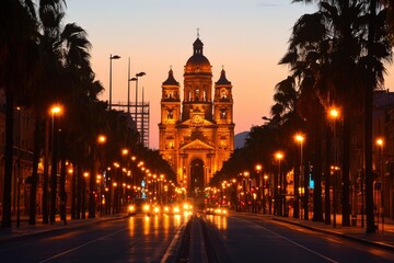 Obraz premium Beautiful cathedral glows at dusk on a Palm lined city street, for travel use