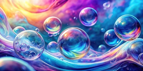 Vibrant, swirling soap bubbles on a colorful abstract background, with shades of blue and purple hues, surrounded by gentle ripples and wispy textures, watercolor, soap film