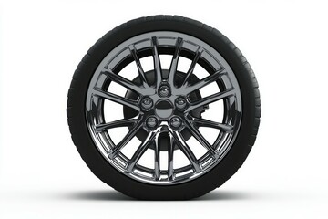 Obraz premium Glossy black car wheel on white background. Artificial Intelligence