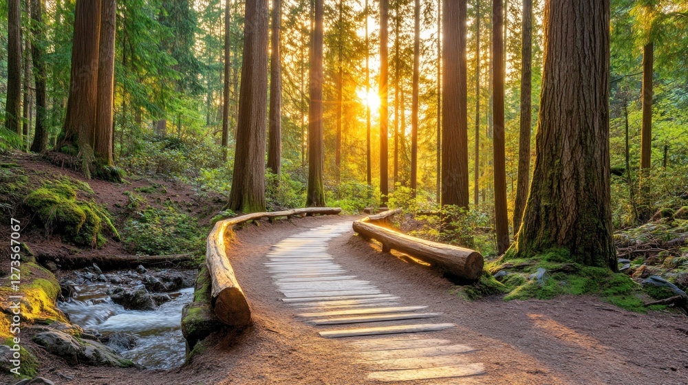 Poster Sun shines through forest trees over a wooden path