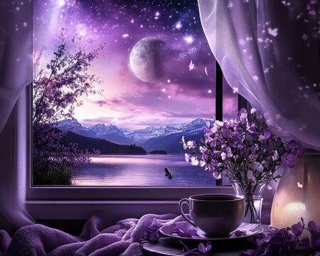Cozy purple scenery of lake view from window, with flowers and tea in front, and stars at night.
